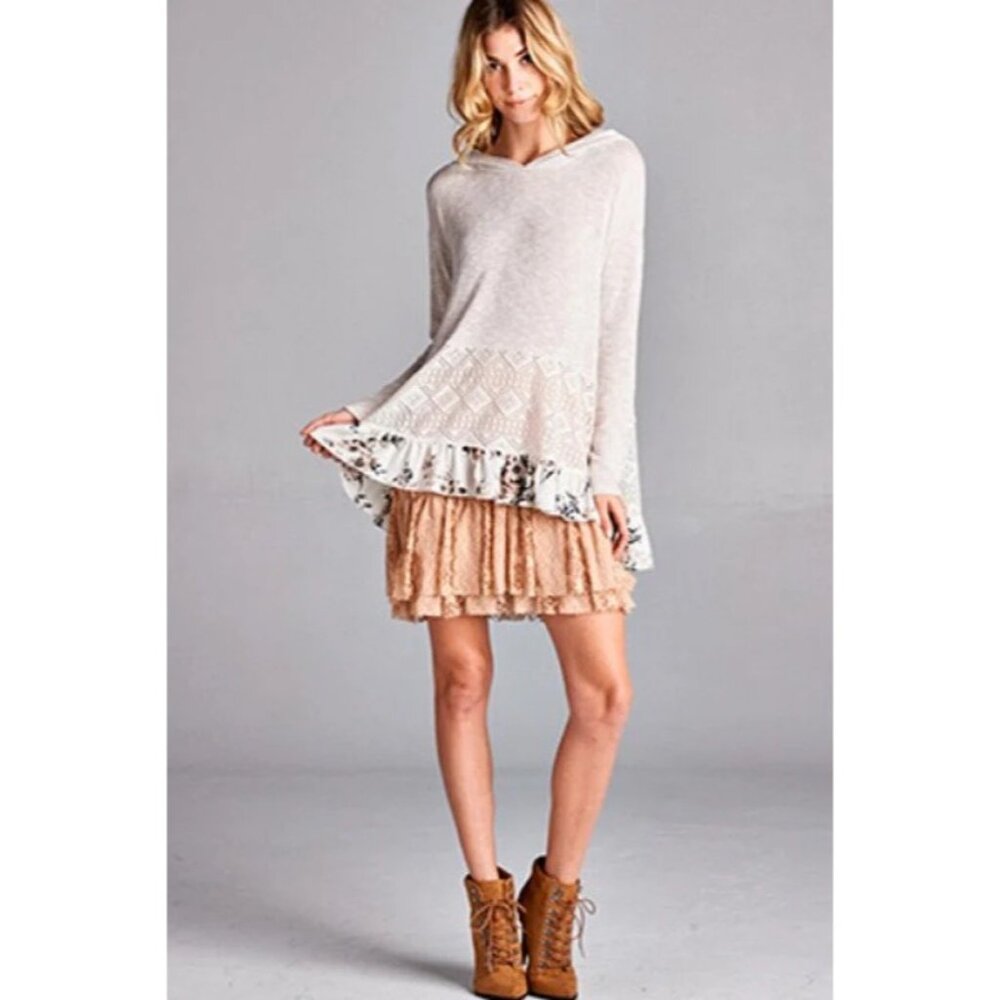 NWT Hooded Ruffle Hem Knit Tunic Top | Coquette Boho Coastal Cowgirl Soft Grunge - Picture 13 of 16